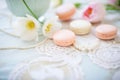 macarons and pearls on a lace tablecloth for elegance