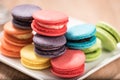 Macarons in plate on wood table