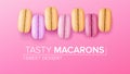 Macarons Set Vector. Top View. Colourful Sweet French Macaroons On Pink Background Illustration.