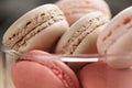 Macarons with strawberry, rose and caramel flavour in glass bowl