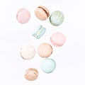 Macarons, top view flat lay, fly falling macaroon Royalty Free Stock Photo