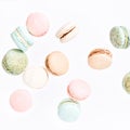 Macarons, top view flat lay, fly falling macaroon Royalty Free Stock Photo