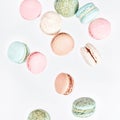 Macarons, top view flat lay, fly falling macaroon Royalty Free Stock Photo