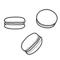 Macaroon cakes icons, vector illustration in doodle style. Line art hand drawn sweet pastries isolated elements. For