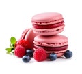 Macaroon cookies with raspberry on white backgrounds. Generative AI