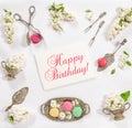 Macaroon french cookies, vintage dishes Happy Birthday