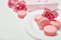 Macaroon sweets. Valentine`s day greeting card. Flowers and gifts boxes on white background. Happy birthday and mother`s day Royalty Free Stock Photo