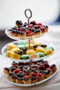 Macaroons and blueberry tarts Royalty Free Stock Photo
