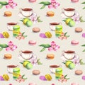 Macaroons cakes, teacup and flowers. Beautiful tea pattern. Seamless watercolor