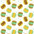 Macaroons and candy. Sweets and yummies hand drawn seamless pattern.