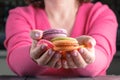 Macaroons colored in the hands of woman. French dessert. Close-up on a dark wood background Royalty Free Stock Photo