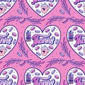 Macaroons with a cup and the inscription Thanks. Vector Seamless pattern with shape of a heart on pink background. Sweet