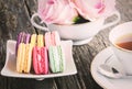 Macaroons with cup of tea Royalty Free Stock Photo