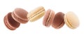 Macaroons of different shades of brown levitation, isolated on white panorama