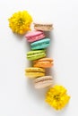 Multi-colored macaroons on a white background.