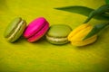 macaroons food with tulips yellow background for valentines mother woman day easter with love