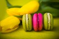 Macaroons food with tulips yellow background for valentines mother woman day easter with love Royalty Free Stock Photo