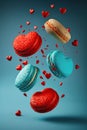 Macaroons hearts flying over blue background. Valentines day. Generative AI