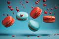 Macaroons hearts in motion. Macaron cookies on blue background. Generative AI