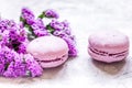 Macaroons and mauve flowers for light breakfast on white desk background