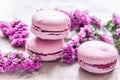 Macaroons and mauve flowers for light breakfast on white desk background