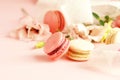 Macaroons in pastel colors with flowers on a pale pink background.Holiday background Royalty Free Stock Photo