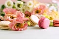 Macaroons in pastel colors with flowers on a pale pink background. Holiday background Royalty Free Stock Photo