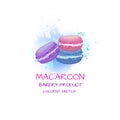 Macaroons VECTOR Illustration, Colored Sketch on Abstract Watercolor Splash, Dessert, French Cuisine.