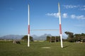 Macassar village and rugby pitch with cows grazing