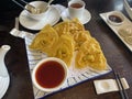 Macau Buddhist Temple Restaurant Pou Tai Un Fried Vegetarian Wonton Snack Food Dipping Sauce