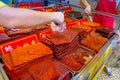 MACAU, CHINA- MAY 11, 2017: Delicious chinese food, dried meat slice