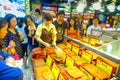 MACAU, CHINA- MAY 11, 2017: An unidentified people watching a delicious chinese food, dried meat slice