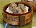 Macau Chinese Restaurant Fresh Gourmet Dim Sum Cantonese Cuisine Guangdong Yum Cha Beef Meat Balls Bamboo Cage Royalty Free Stock Photo