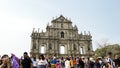 Crowded main street at St. Pauls Cathedral in Macau in a normal day before the pandemic