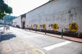 Macau - January 16, 2018 :Yellow bus stop words written on the s