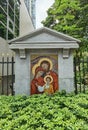 Macau Religious Mosaic Mural Painting Outdoor Church Signage Architecture Exterior Jesus Mary Joseph Worship Royalty Free Stock Photo