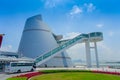 Macau Science Center, a distinctive, asymmetrical, conical shape building with a spiral walkway, Macau. Modern