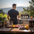 Man grilling outdoors on patio for party Royalty Free Stock Photo