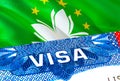 Macau Visa. Travel to Macau focusing on word VISA, 3D rendering. Macau immigrate concept with visa in passport. Macau tourism Royalty Free Stock Photo