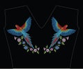 Macaw ara parrot with narcissus, tulip anfd lily flower. Embroidery stitches stylized vector illustration. Traditional floral pat