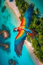 Macaw Flying Over a Tropical Caribbean Island, Aerial View. Generative ai