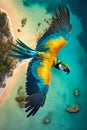 Macaw Flying Over a Tropical Caribbean Island, Aerial View. Generative ai