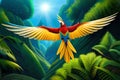 Macaw Flying In A Tropical Forest, Aerial View. Generative AI Royalty Free Stock Photo