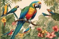 Macaw illustration in tropical rain forest Royalty Free Stock Photo