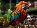 Macaw with mini cart shopping for food