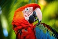 Macaw parrot,beautiful Scarlet macaw in the nature, Tropical macaw perched, vibrant feathers in focus, AI Generated