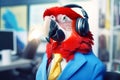 Macaw parrot in headphones and office suit in the office. Phone sales concept