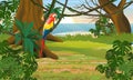 Macaw parrot sitting on a liana. Jungle. A tropical forest by the sea