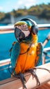 Macaw parrot wearing headphones, enjoying