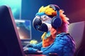 A macaw parrot working at a computer in the office. Help desk concept